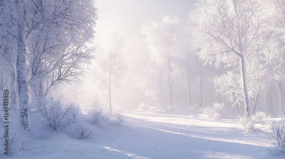 Snowy landscape featuring tall trees and a blanket of snow covering the ground in a serene winter setting Snowy landscape featuring tall trees and a blanket of snow covering the ground in a serene winter setting