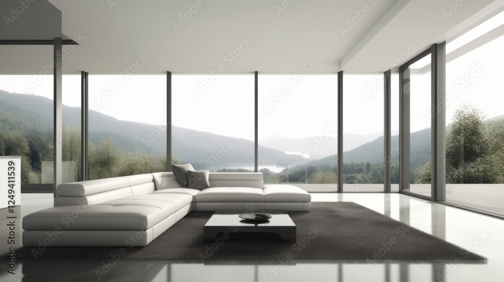 Fototapeta premium A spacious modern interior with large floor-to-ceiling windows allowing soft natural light