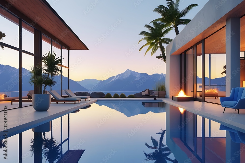 Fototapeta premium Tranquil Poolside Oasis Surrounded by Majestic Mountains Under a Clear Sky Inviting Relaxation and Scenic Beauty Perfect for Leisure and Rejuvenation in a Picturesque Natural Environment