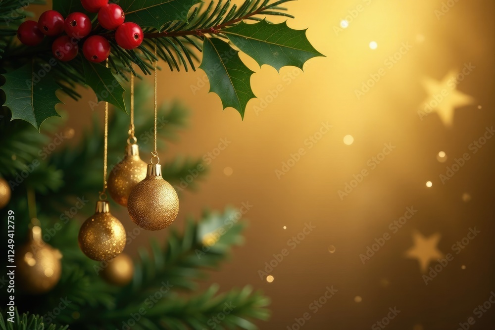 Fototapeta premium Glittering mistletoe hangs from a luxurious golden backdrop with festive holly and berries, shine, holly, stars