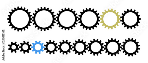 Black gears, inserted into each other with teeth and arranged in straight row in descending size in diameter. Circular links of one chain of engineering structures, relationships, processing.
