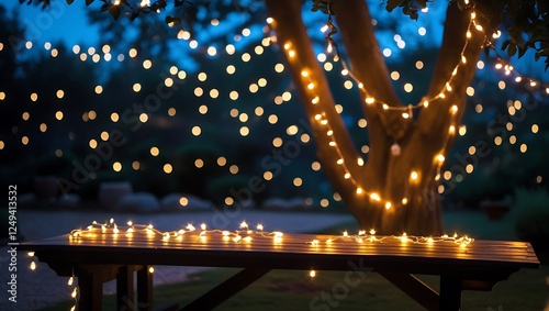 Empty Wood table top with decorative outdoor string lights hanging on tree in the garden at night time	
