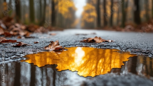 A tranquil autumn scene depicting golden leaves reflecting on a rain-soaked road, surrounded by a blurred forest backdrop, creating a serene and peaceful atmosphere.