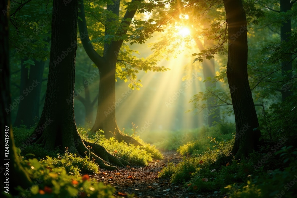 Obraz premium Muted sunlight filtering through tree branches, foliage, woodland