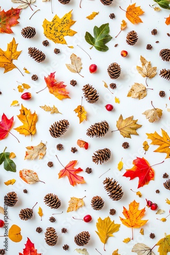 Artistic scatter of various colorful autumn leaves and pine cones on white backdrop, natural composition, soft diffused light, botanical arrangement