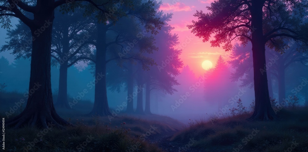 Fototapeta premium Neon forest at dawn with misty atmosphere and glowing trees, surreal landscape, dawn