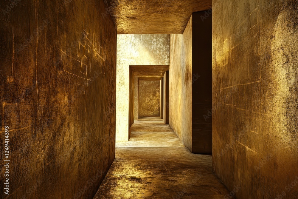 An endless gold textured corridor with geometric etched walls An endless gold textured corridor with geometric etched walls