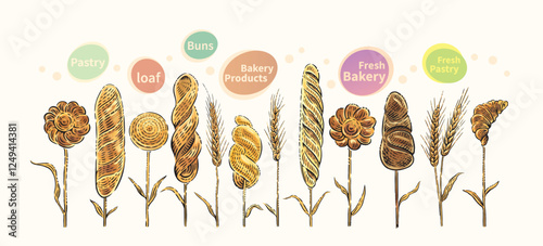 Wheat stalks with baked goods strung on the ends
Bread and bakery products are depicted, as if they grow together with ears of wheat. Vector illustration.