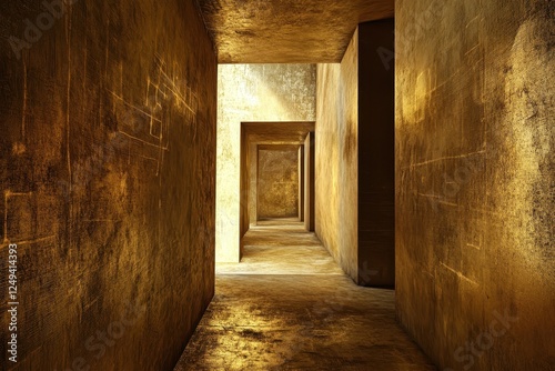An endless gold textured corridor with geometric etched walls