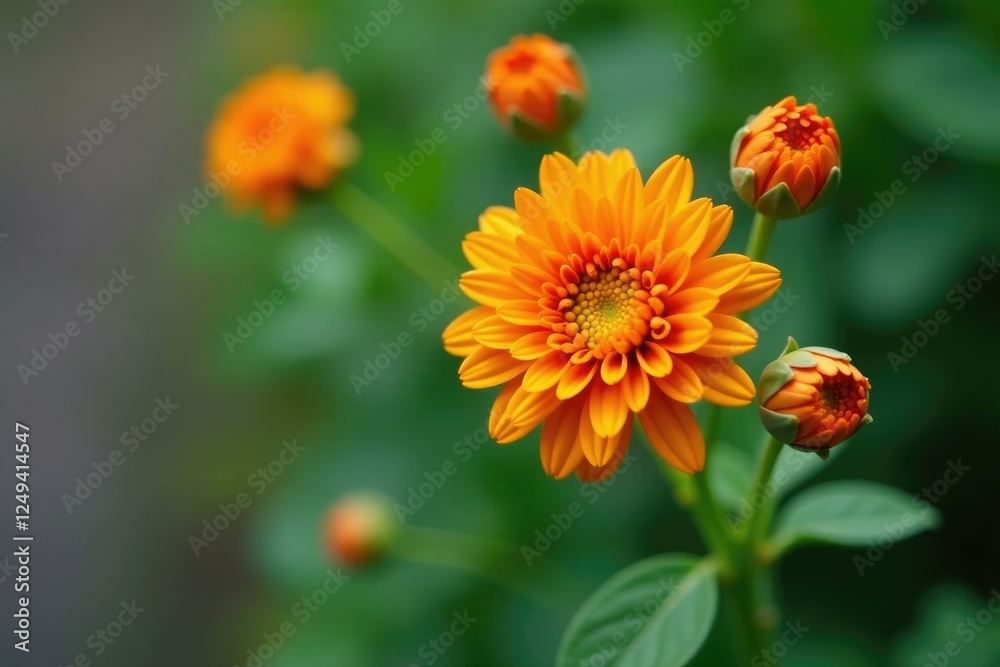 Orange chrysanthemum flower with three tightly closed buds on a green leafy branch, plant, orange Orange chrysanthemum flower with three tightly closed buds on a green leafy branch, plant, orange