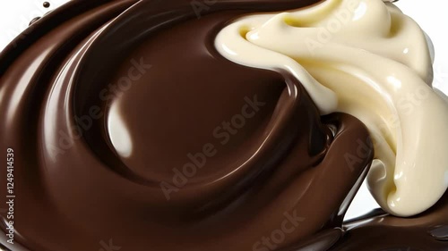 Dynamic swirl of dark and white liquid chocolate creating artistic splash patterns