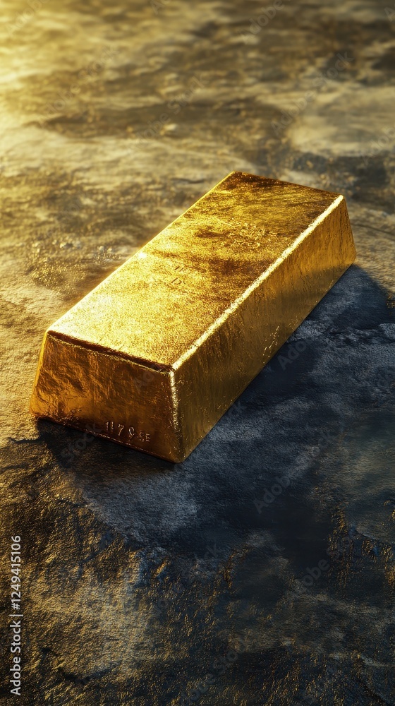 Gleaming gold bar rests on a textured dark surface Gleaming gold bar rests on a textured dark surface