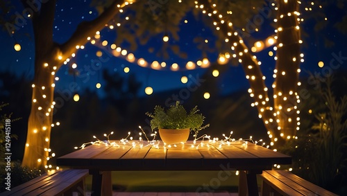 Empty Wood table top with decorative outdoor string lights hanging on tree in the garden at night time	
