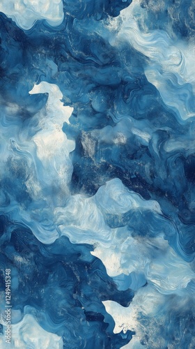 Abstract blue marbled texture with swirling patterns and soft white highlight...