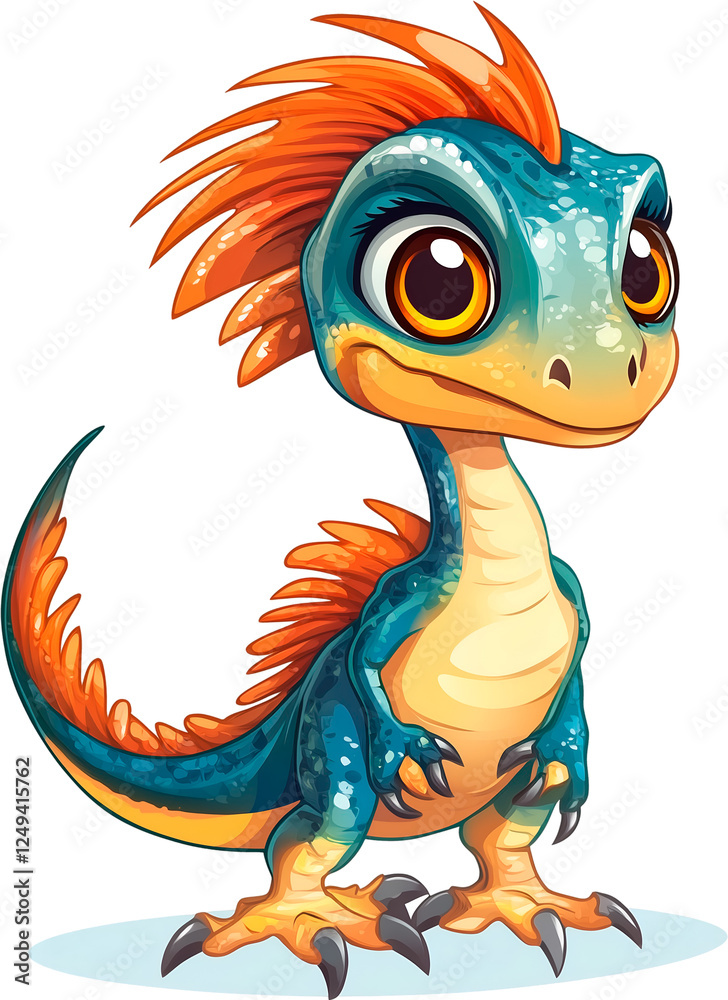 Fototapeta premium Colorful cartoon baby dinosaur with a playful stance and vibrant features ready for adventure in a whimsical setting. Generative AI