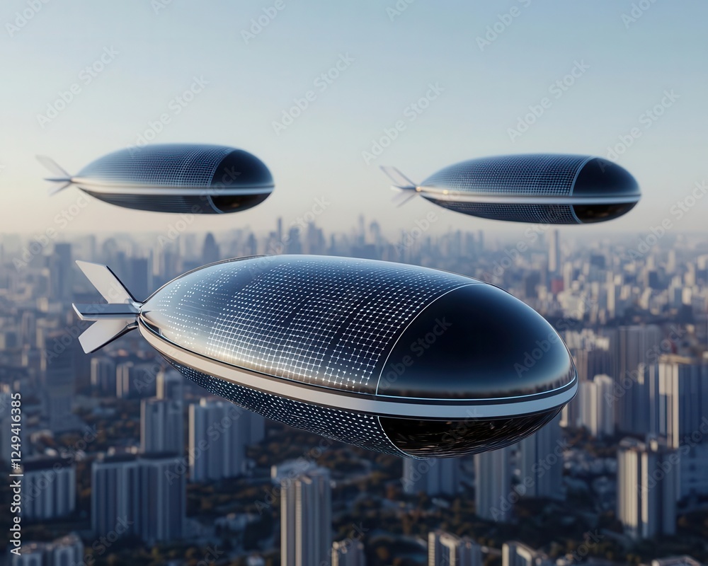 Naklejka premium Solarpowered autonomous airships capturing CO2 and releasing oxygen at high altitudes