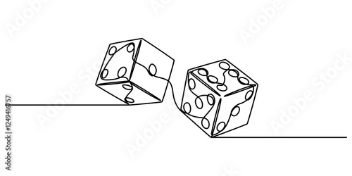 continuous line art drawing of dice, dice one line art vector, Two dices one line vector illustration. Continuous contour drawing of game dice, A single line drawing of a dices. Continuous line dice. 