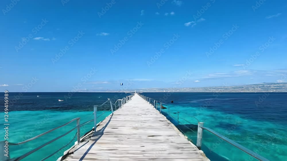 Pier going into the sea, ocean from the island. Beautiful background, creating a spring summer mood and tourism, vacation. Tropical resort Natural landscape background, advertising space, copy space Pier going into the sea, ocean from the island. Beautiful background, creating a spring summer mood and tourism, vacation. Tropical resort Natural landscape background, advertising space, copy space