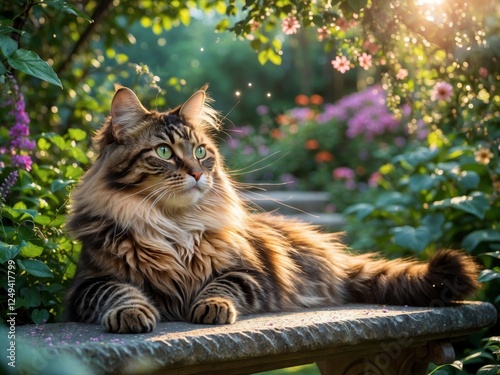 Beautiful domestic cat with distinct markings and vibrant eyes enjoying a sunny afternoon in a peaceful garden.