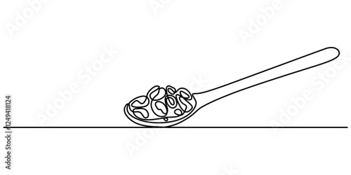 raisins with spoon continuous one line drawing, Sultanas on a metal scoop, Dried raisins in the wood spoon on a white background, raisin in wood spoon isolated on transparent. Top view outline pro.