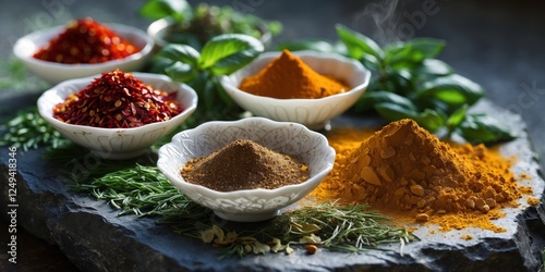 Colorful spices and herbs resting in small white bowls on dark stone surface