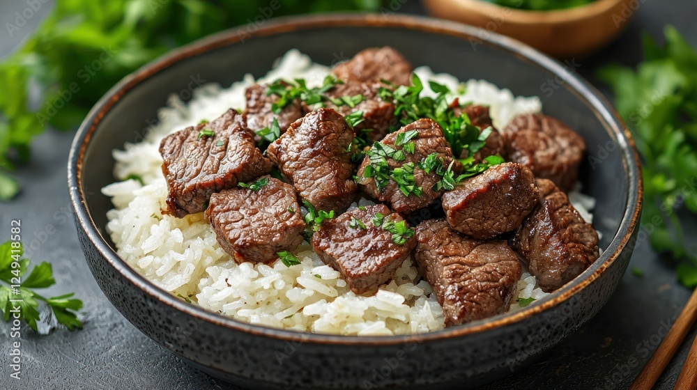 Seared Beef Cubes over Rice, garnished with herbs, on dark stone background Seared Beef Cubes over Rice, garnished with herbs, on dark stone background