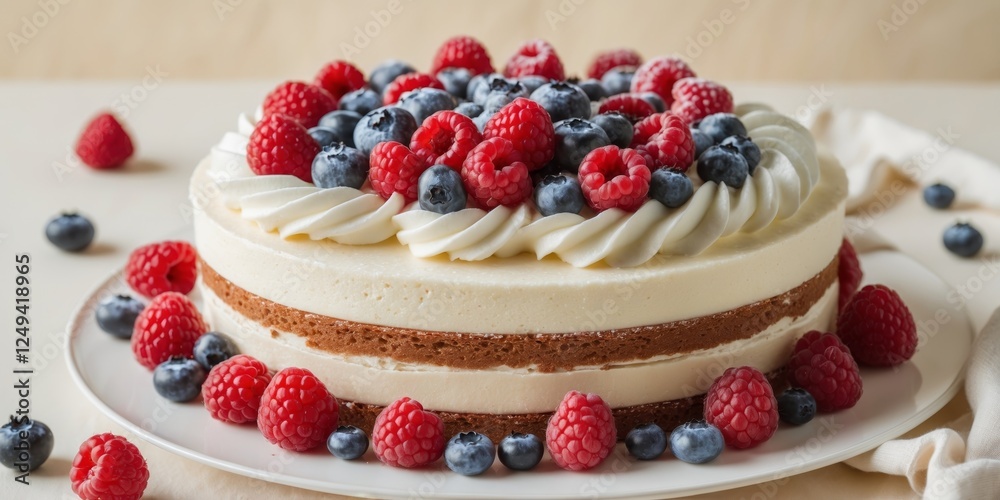 Delicious Raspberry Cream Cake with Fresh Berries and Whipped Cream Garnish for Dessert Lovers. Delicious Raspberry Cream Cake with Fresh Berries and Whipped Cream Garnish for Dessert Lovers.