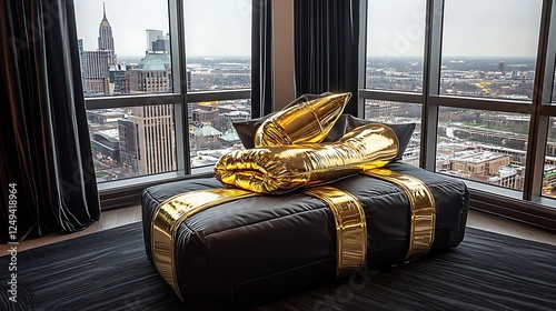 Luxurious Black and Gold Sofa with City View