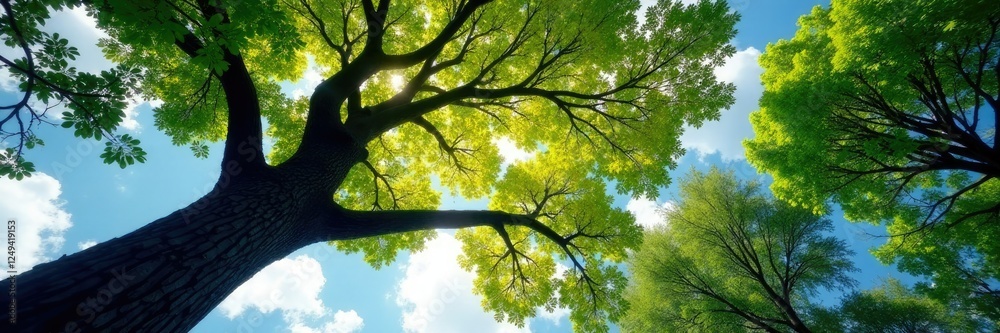 Fototapeta premium Trees intertwined, branches stretching towards sky, trees entwined, live tree