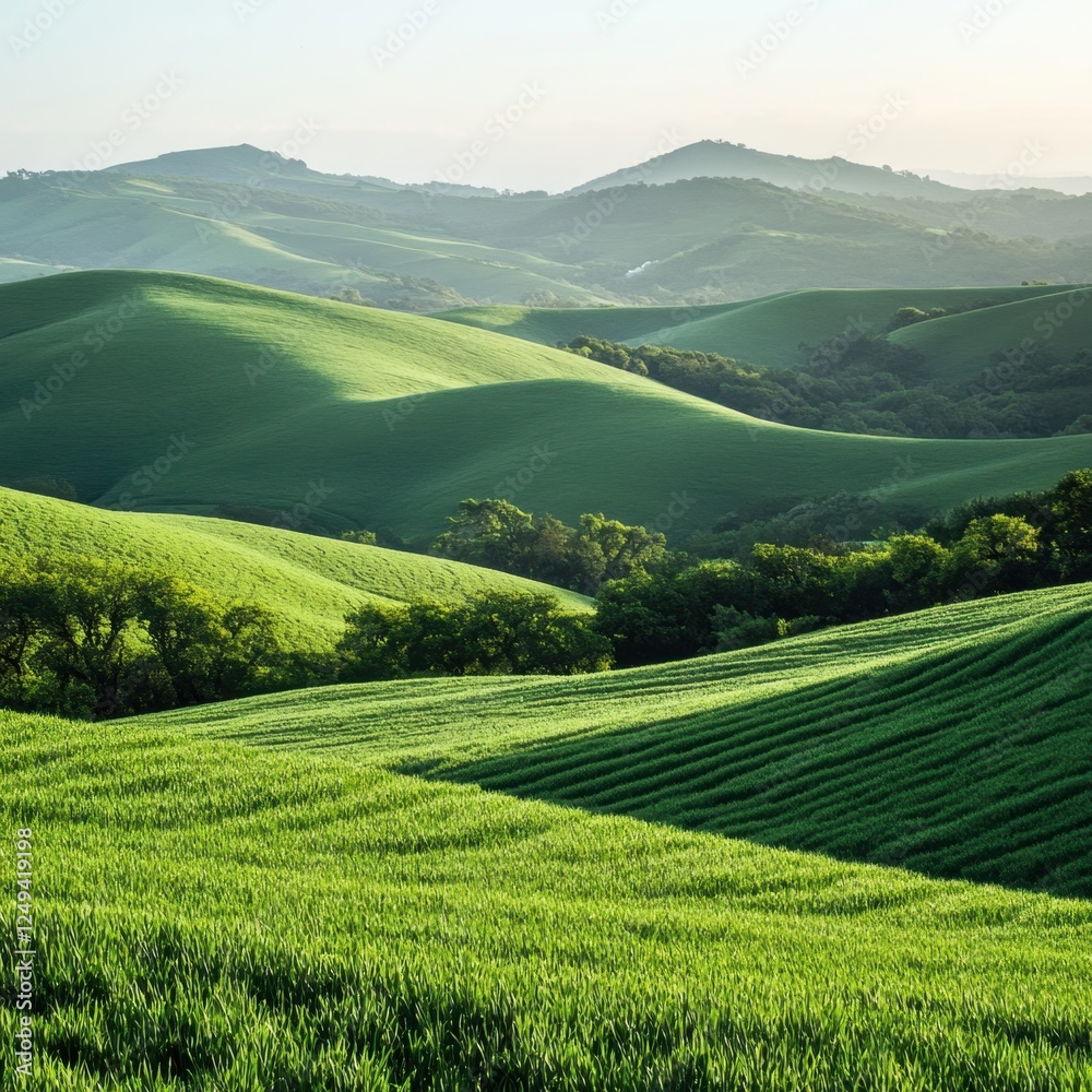 Fototapeta premium Lush Green Fields with Rolling Hills in Scenic Landscape