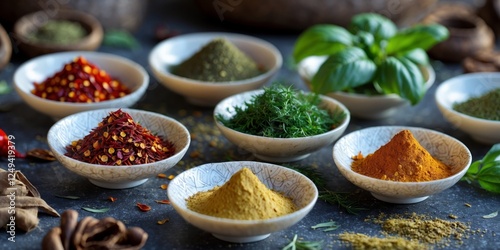 Colorful spices and herbs resting in small white bowls on dark stone surface.