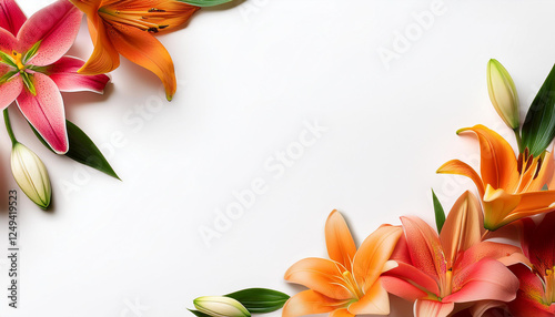 Romantic postcard mockup, Valentine's Day theme, free space for text. White background, surrounded by fresh orange lilies. White background.	