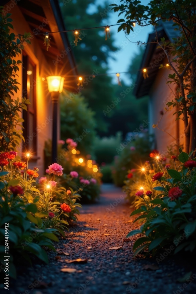 Twinkling lights illuminating a garden at sunset, twinkle, garden Twinkling lights illuminating a garden at sunset, twinkle, garden