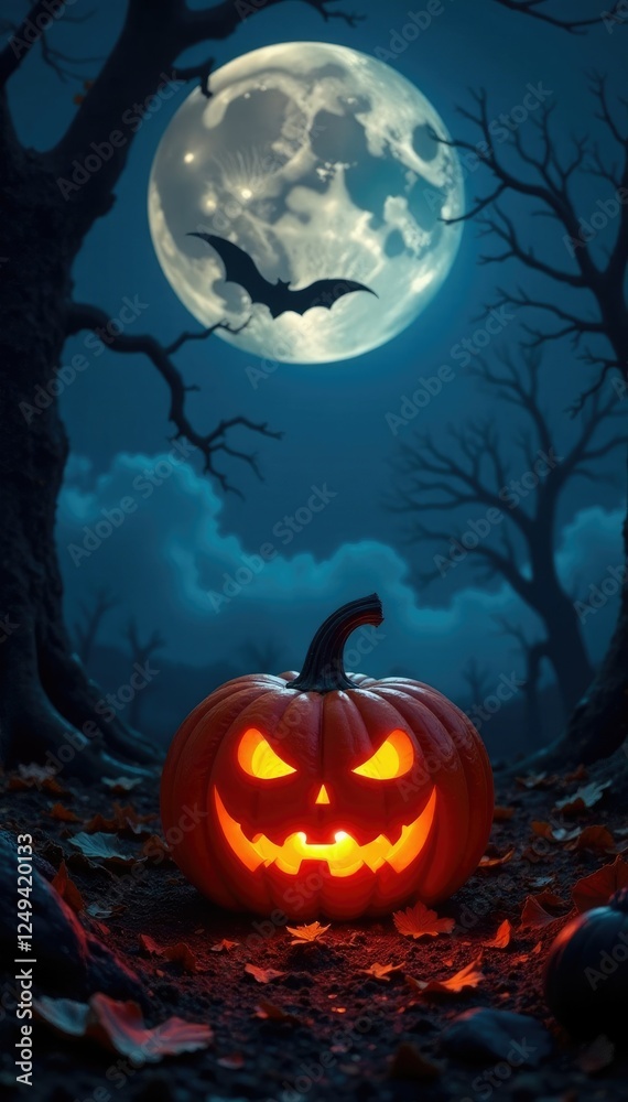 Fototapeta premium Twinkling moonlight casts eerie glow on pumpkin, shadows, night, moon