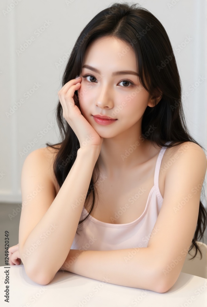 Asian woman in a beige housedress, voluminous black hair, sitting confidently at a table, skincare focus Asian woman in a beige housedress, voluminous black hair, sitting confidently at a table, skincare focus