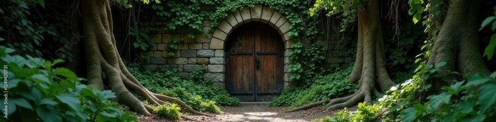 Twisted roots and vines surrounding an ancient stone door, overgrown, vines Twisted roots and vines surrounding an ancient stone door, overgrown, vines