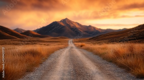 A picturesque dirt road leads towards majestic mountains illuminated by a stunning sunset, creating a serene and tranquil atmosphere perfect for escapes into nature.
