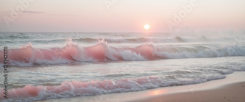 Serene Pink Beach Ocean Waves Sunrise Scenery photo