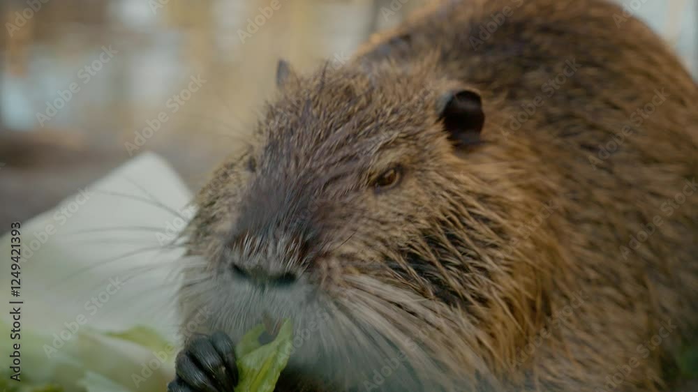 A nutria eats a variety of fresh vegetables, focusing primarily on cabbage. This rodent is seen munching contentedly in a farm setting during daylight hours. A nutria eats a variety of fresh vegetables, focusing primarily on cabbage. This rodent is seen munching contentedly in a farm setting during daylight hours.