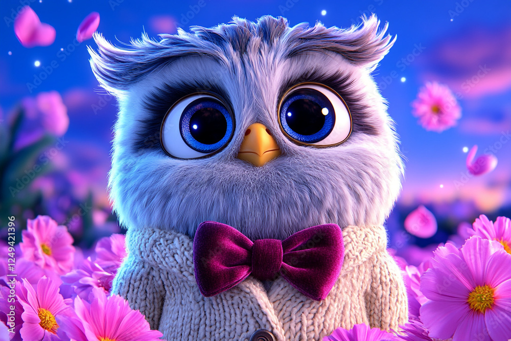 Obraz premium Cute Owl with Maroon Bow Tie - Ideal for Valentine's Day and Romance Stock Photos