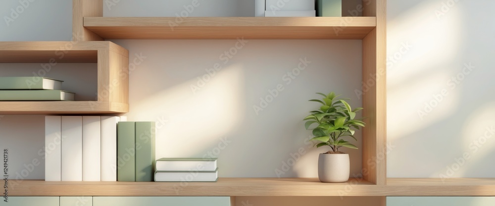 Modern Wooden Shelf with Books and Plant Modern Wooden Shelf with Books and Plant