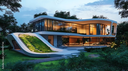 Wallpaper Mural Modern Architectural Masterpiece: A Curvilinear Dream Home Nestled in Lush Greenery Torontodigital.ca