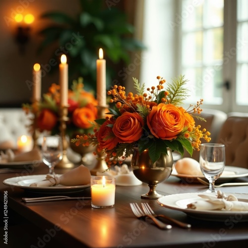 An elegant centerpieces with fall flowers and candles on a dining table, seasonal, celebratory, elegant