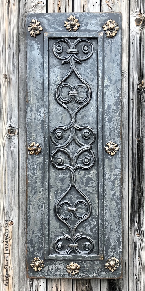 Antique wrought iron panel with medieval scroll designs on wood, detailed corner embellishments, celtic knotwork, crafted metalwork, aged patina Antique wrought iron panel with medieval scroll designs on wood, detailed corner embellishments, celtic knotwork, crafted metalwork, aged patina