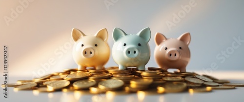 Pastel piggy banks on golden coins with warm gradient background. photo