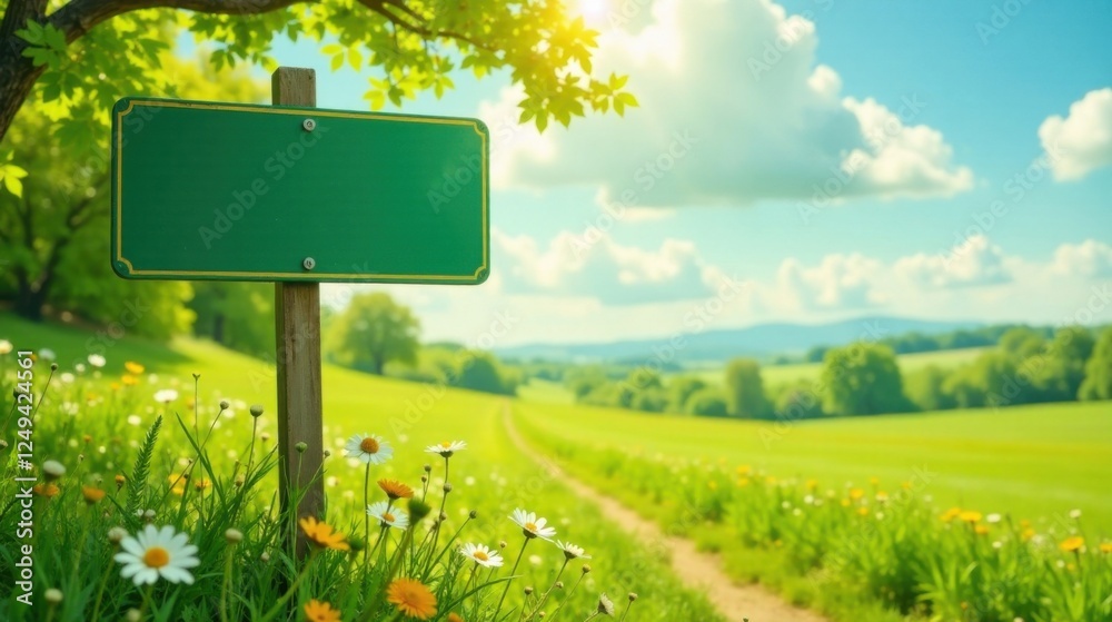 Blank Green Signpost in a Sunny Meadow with Blooming Flowers and a Path Blank Green Signpost in a Sunny Meadow with Blooming Flowers and a Path