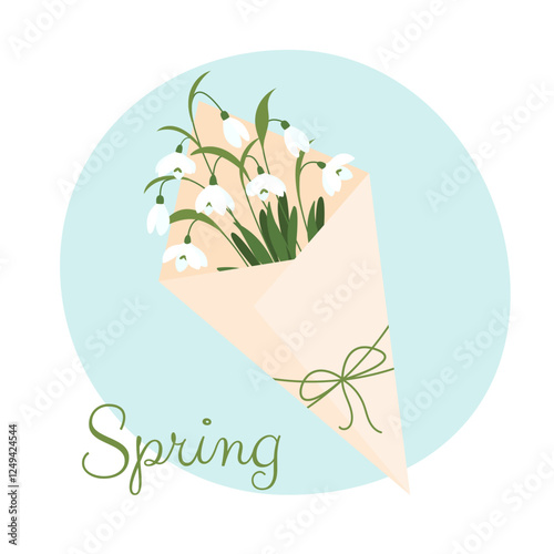 Snowdrops in craft envelope. Bouquet of snowdrops in flat style. Vector illustration