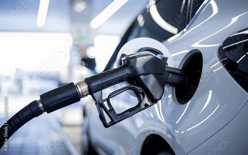 close view of a car refuel gas with pump nozzles at gas station 