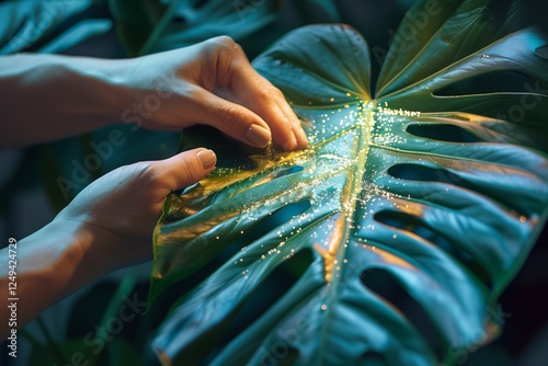 Close-up of hands gently touching a shiny monstera leaf with glistening droplets. photo