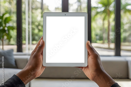 woman hand holding blank white screen tab for mockup use